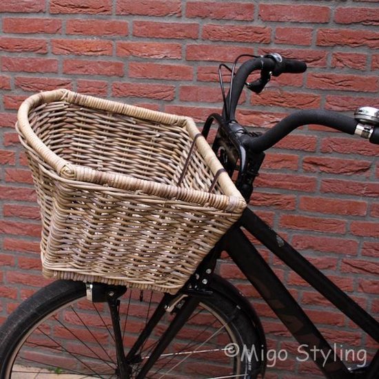Migo Styling Fietsmand - rotan riet - grijs - met leren riempjes - B47x42xH27