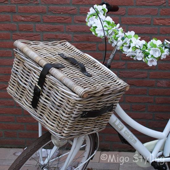 MigoStyling - Kinder - Fietsmand - Met deksel - Bakkersmand - 42x33xH23 - Riet-Rotan van MigoStyling