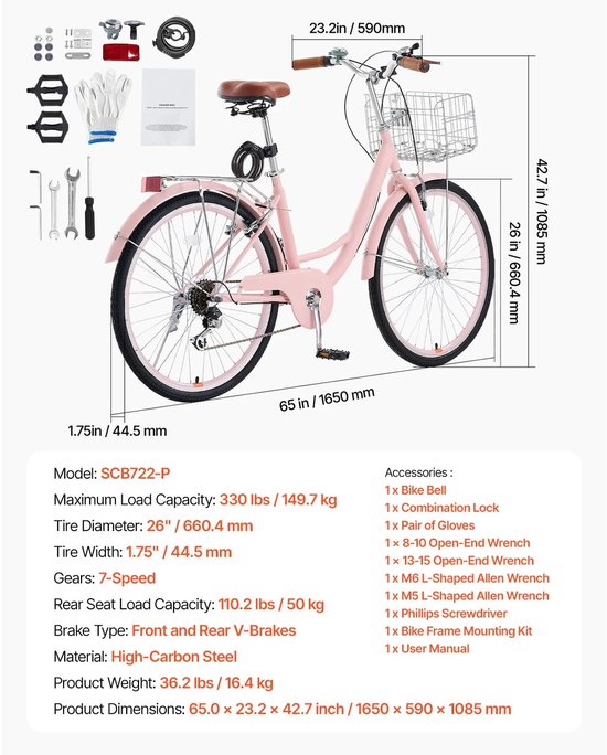 Mila Shop Cruiser fiets - Strandcruiserfiets met mand - Bagagedrager - 26 Inch van Mila Shop