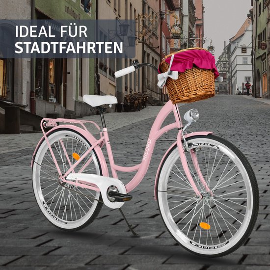 Milord damesfiets 26 inch - roze frame, 1 versnelling, met rieten mand