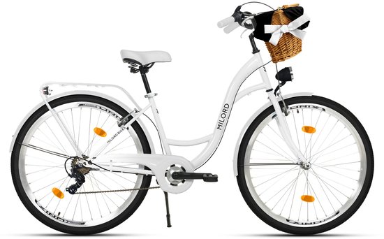 Milord damesfiets met rieten mand - stadsfiets 28 inch, 7 versnellingen, wit frame