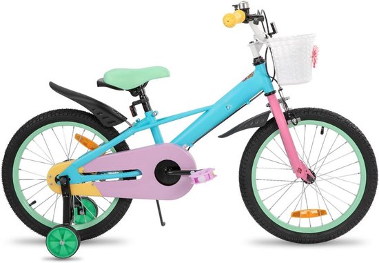MMM® Kinderfiets 18 Inch - Kinderfiets 16 Inch - Fiets - met Mand en Stabilisatoren - voor Meisjes en Jongens- Blauw- ‎103 cm x 49 cm x 22 cm cm van Merkloos