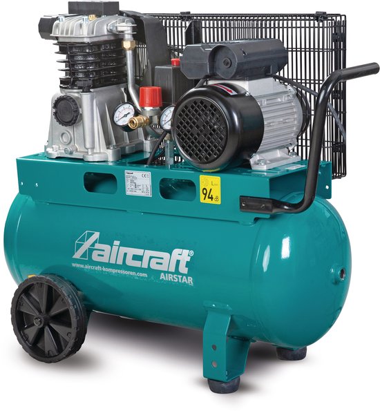 Mobiele compressor riemaandrijving met olie ketel 50 L 1,5 kW / 2 Pk 10 Bar 235 l/min 230V Aircraft