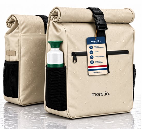 Morelia® Fietstas Dubbele Rolltop - 100% Waterdicht (48 Liter Beige) - Fietstassen - Fietstassen Electrische Fietsen - Fietstassen Dubbel - Tarpaulin materiaal