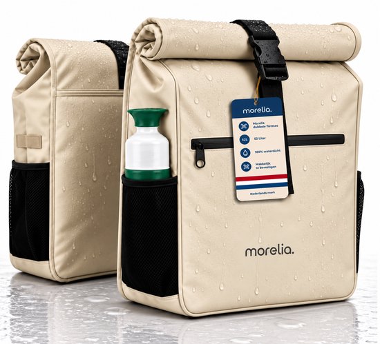 Morelia® Fietstas Dubbele Rolltop (52 Liter Beige) - 100% Waterdicht - Fietstassen - Fietstassen Electrische Fietsen - Fietstassen Dubbel - Tarpaulin materiaal