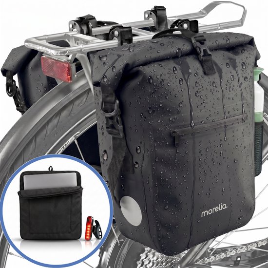 Morelia® Fietstas Set 100% Waterdicht (2x 28 Liter Zwart) - Incl Laptoptas & Achterlicht - Fietstassen voor E-bikes - Fietstassen Electrische Fietsen - Fietstassen Dubbel - Tarpaulin materiaal