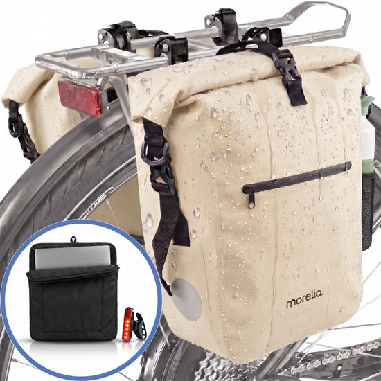 Morelia® Fietstas Set (2x 28 Liter Beige) - Incl Laptoptas & Achterlicht - Fietstassen voor E-bikes - Fietstassen Electrische Fietsen - Fietstassen Dubbel - 100% Waterdicht - Tarpaulin materiaal