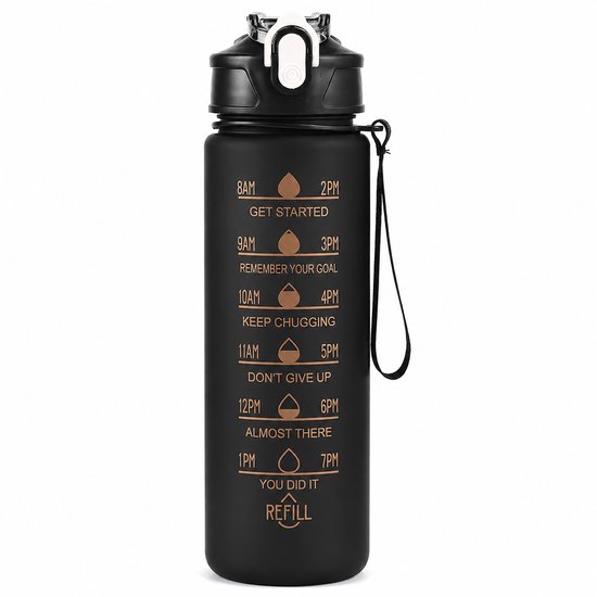 Motivatie Drinkfles 800 ml | Waterfles met Tijdsmarkering | Drinkfles met Rietje | Motivational Water Bottle | Sportfles | Lekvrije Bidon | Waterfles met Koord | Fitness Drinkfles | BPA Vrij | Zwart met Gouden Opdruk