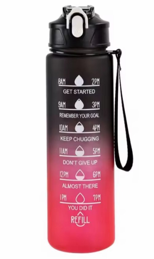Motivatie waterfles met tijdmarkering | Sport waterfles | Drinkfles met rietje | Tritan waterflessen | Lekvrije sportfles | 800MLiter waterfles | Motivatie waterfles | Motiverende drinkfles | drinkflessen | BPA vrij | Cadeau |rood/zwart