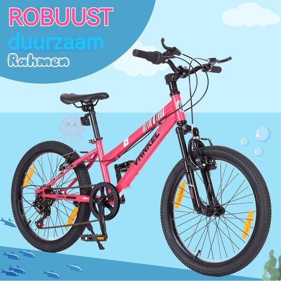 Mountainbike 20 Inch ROLIPO- Kinderfiets voor Meisjes en Jongens - 6 Versnellingen - Met V-Brakes en Reflectoren - Robuust Stalen Frame - Geschikt voor 6-12 Jaar - Kleur Roze - Ideaal voor School en Vrije Tijd - MTB Kind - 110x58x84 cm van Merkloos