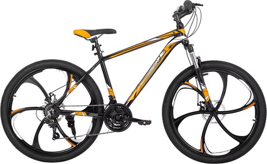 Mountainbike 66 cm – Voor Heren en Dames / Off-Road en Dagelijks Gebruik – 21 Versnellingen MTB met Dubbele Mechanische Schijfremmen – Aluminium Frame met Spatborden – Oranje van Merkloos