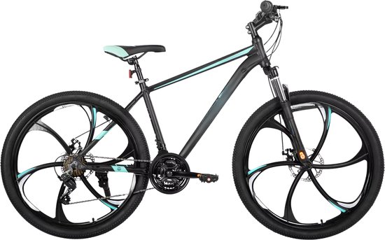 Mountainbike 66 cm – Voor heren en dames voor recreatief en sportief gebruik op terrein – Met 21 versnellingen en dubbele mechanische schijfremmen – Blauw aluminium frame met spatbord