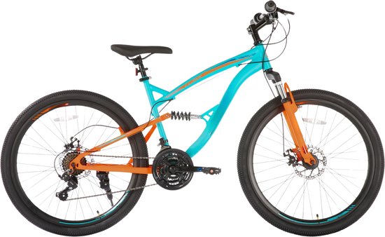 Mountainbike 66 cm – Voor heren en dames voor recreatief en sportief gebruik op terrein – Met 21 versnellingen en dubbele mechanische schijfremmen – Oranje aluminium frame met spatbord