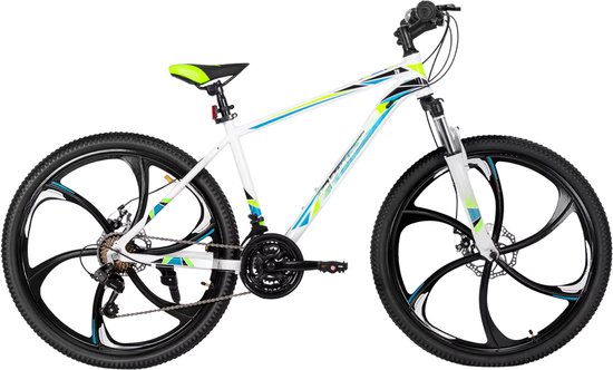 Mountainbike 66 cm – Voor heren en dames voor recreatief en sportief gebruik op terrein – Met 21 versnellingen en dubbele mechanische schijfremmen – Wit aluminium frame met spatbord