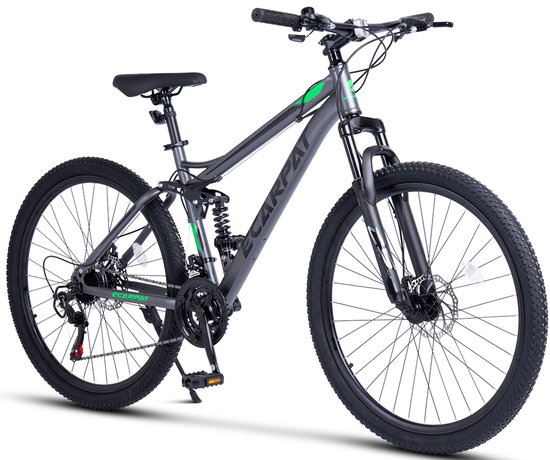 Mountainbike - Jeugd mountainbike 24 inch - Full suspension-Shimano 21 versnellingen - 24 inch - Schijfremmen - - 130-150 cm Zwart-Groen