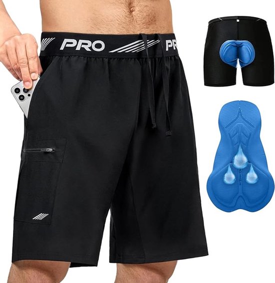 Mountainbike Onderbroek Heren - Fiets Ondergoed met Zeem & 4D Gel Pad - Shockproof MTB Sportbroek - Ademend Mesh - Zwart/Blauw XXL - 4 Taschen - Schnelltrocknend