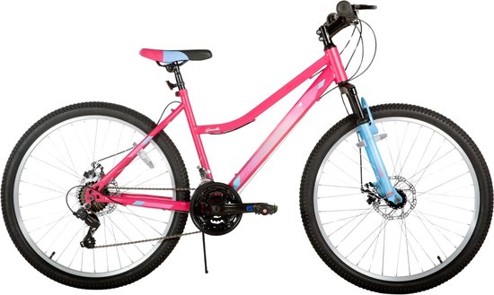 Mountainbike – Voor dames – 18 versnellingen, voorvorkvering, dubbele mechanische schijfremmen – 66 cm, roze