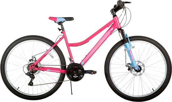 Mountainbike – Voor dames – 18 versnellingen, voorvorkvering, dubbele mechanische schijfremmen – 66 cm wielen, roze, aluminium frame
