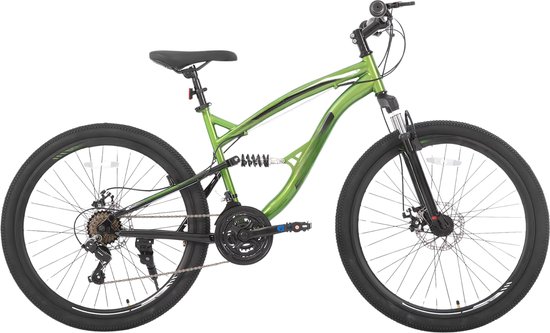 Mountainbike - Voor heren, dames en volwassenen - Volledig geveerd, 21 versnellingen, dubbele schijfrem - 66 cm wielen, groen