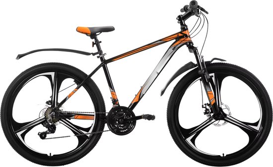 Mountainbike – Voor heren en dames – 18 versnellingen / 3 spaken / schijfremfiets – Aluminium / Oranje / 66 cm van Merkloos