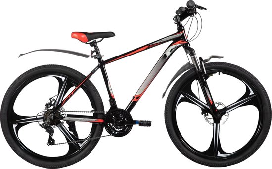 Mountainbike – Voor heren en dames – 18 versnellingen / 3 spaken / schijfremfiets – Aluminium / Zwart / 66 cm van Merkloos