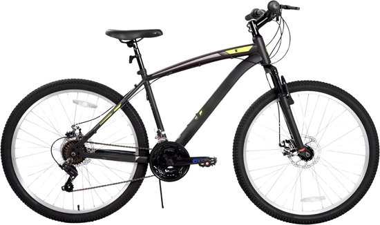 Mountainbike – Voor heren en dames – 18 versnellingen, voorverende vork, dubbele mechanische schijfremmen – 66 cm, geel van Merkloos