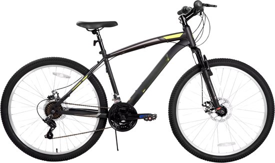 Mountainbike – Voor heren en dames – 18 versnellingen, voorverende vork, dubbele mechanische schijfremmen – 66 cm wielen, geel