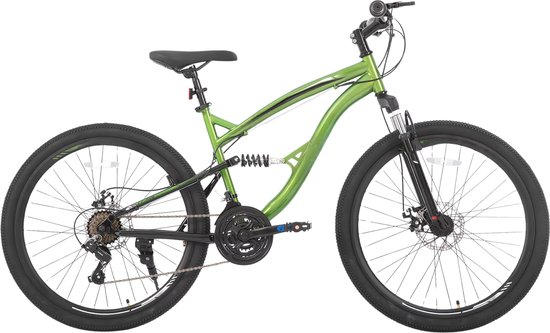 Mountainbike – Voor heren en dames – Volledig geveerd / 21 versnellingen / dubbele schijfremfiets – Groen / 66 cm