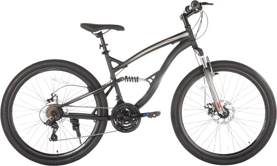 Mountainbike – Voor heren en dames – Volledig geveerd / 21 versnellingen / dubbele schijfremfiets – Zwart / 66 cm
