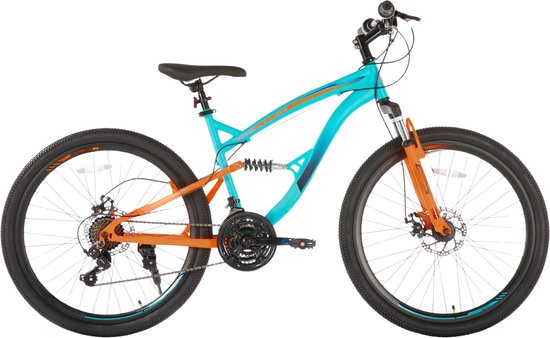 Mountainbike – Voor heren en dames / volwassenen – 21 versnellingen, volledige vering, dubbele schijfrem – 66 cm, blauw