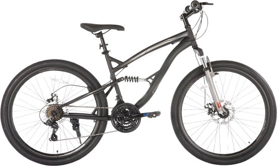Mountainbike – Voor heren en dames / volwassenen – 21 versnellingen, volledige vering, dubbele schijfrem – 66 cm, zwart