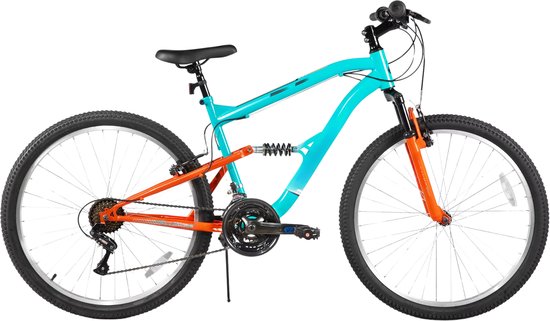 Mountainbike – Voor heren – Volledig geveerd, 18 versnellingen, V-rem, schokabsorberende voorvork – 66 cm wielen, blauw, beperkte garantie