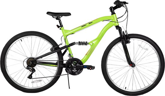 Mountainbike – Voor heren – Volledig geveerd, 18 versnellingen, V-rem, schokabsorberende voorvork – 66 cm wielen, groen, beperkte garantie