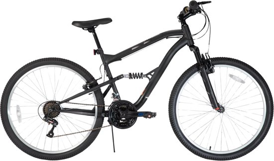 Mountainbike – Voor heren – Volledig geveerd, 18 versnellingen, V-rem, schokabsorberende voorvork – 66 cm wielen, zwart, beperkte garantie