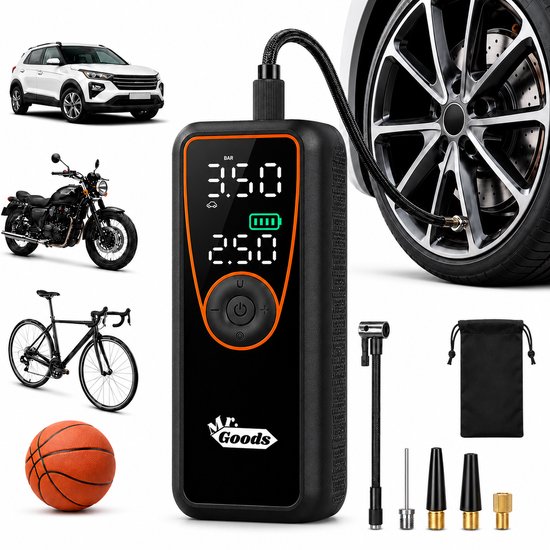 MrGoods Luchtcompressor Bandenpomp - Compressor - SOS Lamp - Noodpakket - Elektrische Fietspomp - 7800 mAh Powerbank - Voor Auto, Motor, Scooter, Fiets & Bal - Tot 10.5 Bar - Inclusief Opberghoes & 5 Opzetstukken