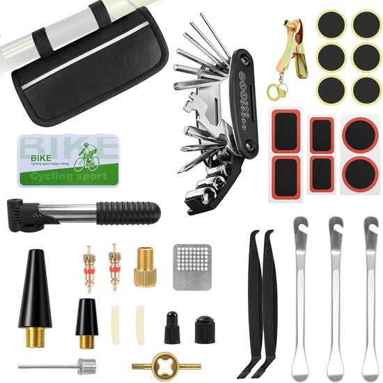 Multifunctionele Fietsonderhoudset 16 in 1 met Mini Pomp en Antiverstuikingsgereedschap voor Fietsen, Inclusief Waterdichte Tas voor Fietsreparaties