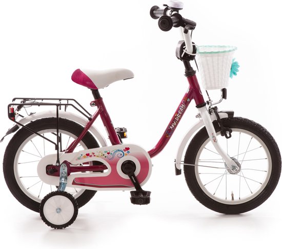 My Dream kinderfiets 14 inch purper/wit met mand van Volare