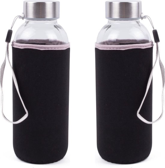 Narvie - Set van 2 Glazen Drinkflessen met Zwarte Softshell Beschermhoes - 420 ml Waterfles - Sportfles/Bidon van NARVIE