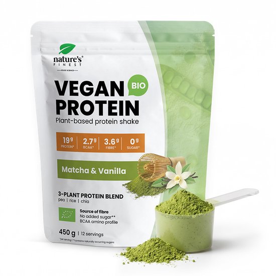 Nature's Finest Bio Vegan Protein Shake Vanille & Matcha - Plantaardige Eiwitshake Poeder 450 g - 56 g Eiwit per 100 g uit Erwt, Rijst en Chia - Rijk aan Eiwit en Vezels - Biologisch, Vegan en Suikervrij - 12 Porties