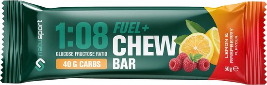 Natusport FUEL+ Chew Bar – Energiereep met 40 g Koolhydraten - 1:0,8 Glucose-Fructose - Lemon Raspberry - 12 stuks