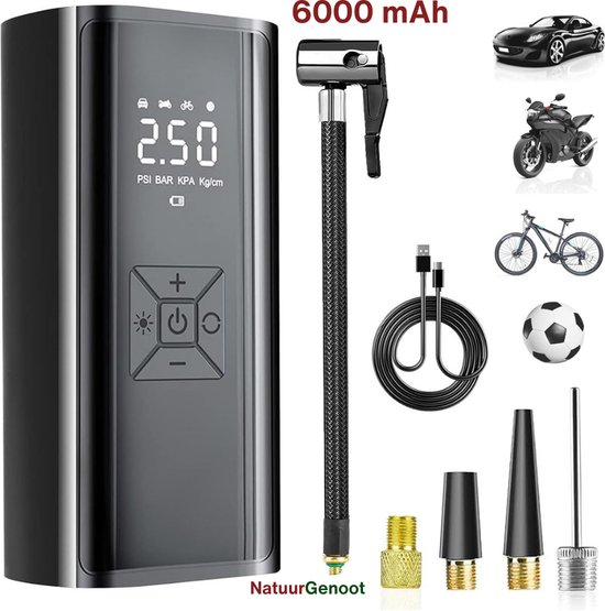 NatuurGenoot® Elektrische Fietspomp-Draagbare Luchtcompressor-6000 mAh Batterij-Powerbank functie-Zaklamp-Draadloos- Fiets/Auto/Motor/Bal/Luchtbed-Zwart van NatuurGenoot®