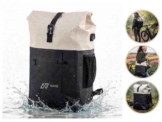 NAYD Enkele Fietstas Rugzak - Zwart/beige - 100% Waterdicht - Pakaftas Elektrische Fietsen - Fietstas, Schoudertas en Rugtas in 1 - 28 Liter