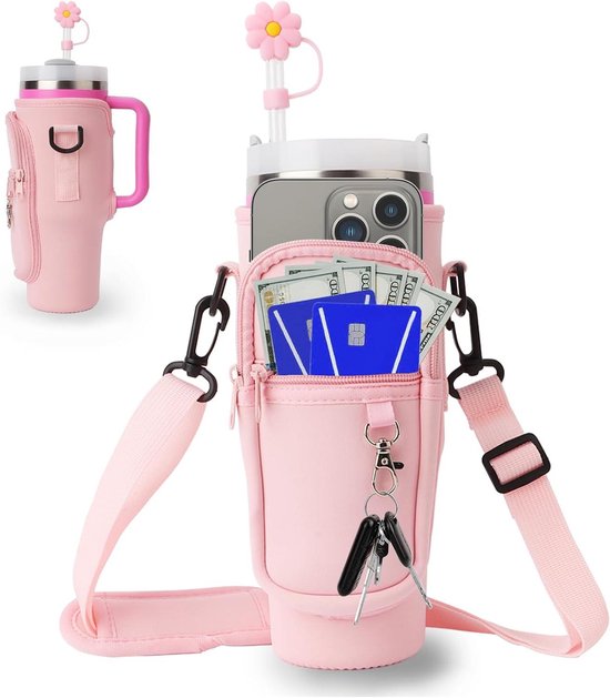 Neopreen flessenhouder met schouderriem en telefoonvak - roze - voor wandelen en fitness, geschikt voor 100 ml drinkbeker.