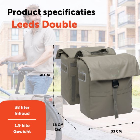 New Looxs ® Leeds Double - Dubbele Fietstas - Past op elke Bagagedrager - Gerecycled materiaal - Geschikt voor Elektrische Fietsen - 38 liter - Taupe van New Looxs