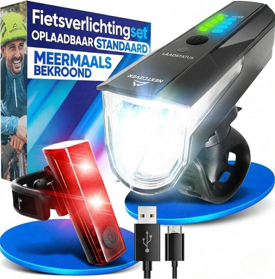 NEXTCOVER® Fietslampjes LED Set 80 Lux Basic - Wit en Rood met "LightSense" sensor schakelaar inbouw en 11u batterijduur - USB oplaadbaar & waterdicht - StVZO (Duitsland) approved- LED fietslicht voor fietslamp & fietsachterlicht, fietsverlichting