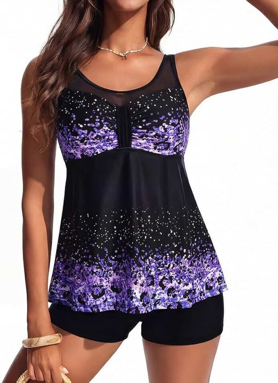 Nikole Tankini-set voor dames, buikweg-badpak, tweedelige tankini-top met hoge taille, mesh-verbinding, verstelbare badmode, flowy strandmode, zwempak