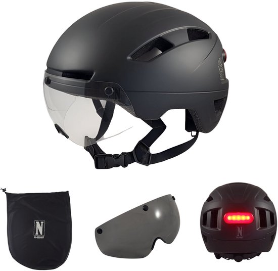 NO-EFFORT Fietshelm Volwassenen – Met LED Verlichting - Verstelbare Fiets Helm – Elektrische Fiets – Fatbike – Speedpedelec – Maat M 55 - 58 cm – Zwart – Cycling Helmet