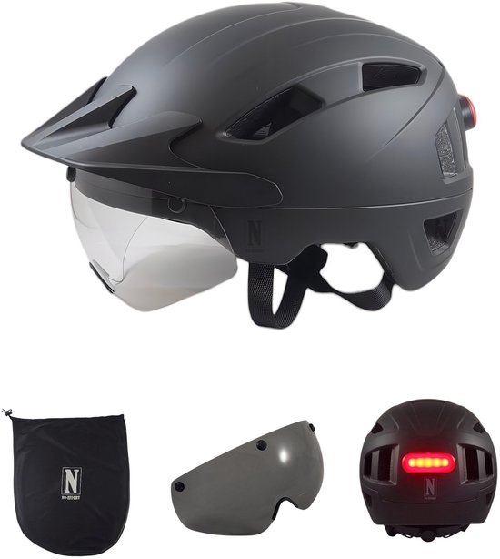 NO-EFFORT Fietshelm Volwassenen met Zonneklep - Met LED Verlichting - Verstelbare Fiets Helm - Elektrische Fiets - Fatbike - Speedpedelec - Maat L 58 - 61 cm - Zwart - Cycling Helmet