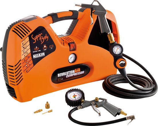NUAIR Compressor, 2 L, 1.5 hp, 8 bar, olievrij, draagbaar, 1100 W, 97 dB, 195 l/min, oranje