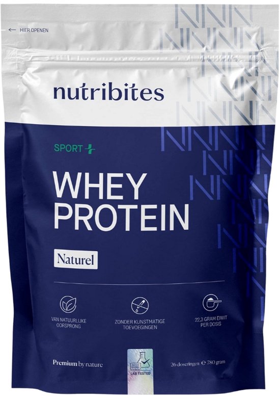 Nutribites Whey Protein Naturel - 22,3g eiwit per scoop - Compleet aminozuurprofiel - Zuiver en goed opneembaar - 780g van Merkloos